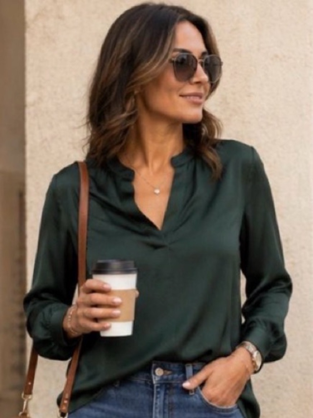 Chico's Deep Forest Green V-Neck Satin Blouse Size 1